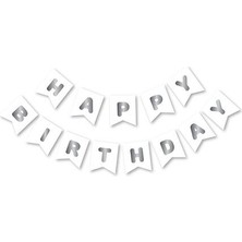 Meri Parti Beyaz Gümüş Happy Bırthday Yaldızlı Banner