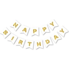 Meri Parti Beyaz Gold Happy  Bırthday Yaldızlı Banner