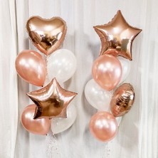 Meri Parti Rose Gold Konsept Yıldız Kalp Folyo Balon ve Metalik Balon Set Doğum Günü Rosegold Balon Set