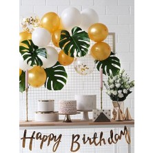 Meri Parti Gold Happy Bırthday Banner ve 20 Adet Metalik Balon Set Beyaz Gold Balon ve Gold Banner