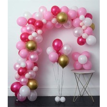 Meri Parti 100 Adet Fuşya Pembe Beyaz Metalik Balon Altın Krom Balon Zincir