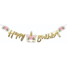 Meri Parti Kaligrafi Banner Çiçekli Unıcorn Happy Bırhtday Parti Malzemeleri