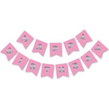 Meri Parti Pembe Gümüş Happy Bırthday Yaldızlı Banner