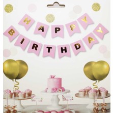 Meri Parti  Pembe Üzeri Gold Yazılı Happy Birthday Yazısı
