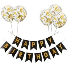 Meri Parti Happy Bırthday Siyah Varaklı Banner Yazı Konfetili Şeffaf Balon Seti Parti Seti