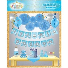 Meri Parti Iyi Ki Doğdun Mavi Üzeri Gümüş Baskılı Balonlu Zig Zag Banner Yazı