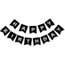 Meri Parti Siyah Gümüş Happy Bırthday Yaldızlı Banner