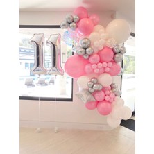 Meri Parti 11 Yaş Doğum Günü Pembe Beyaz Gümüş Krom Balon ve Zinciri Yıldız Folyo Balon 11 Yaş Folyo Balon