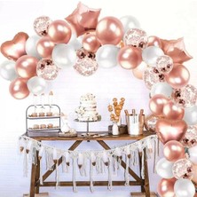 Meri Parti  Rose Gold Folyo Kalp Yıldız Balon Rose Konfetili Şeffaf ve Rose Gold, Beyaz Metalik Zincir Set