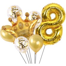 Meri Parti Doğum Günü 8 Yaş Altın Kral Kraliçe Taçlı Folyo Balon Seti Yaş 8 Yaş 76 cm Balon Set Helyum Uyumlu