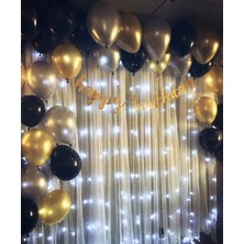 Meri Parti Gold Happy Bırthday Banner ve 100 Adet Metalik Balon ve Zinciri Gold Gri Siyah Balon