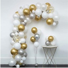 Meri Parti Beyaz Gümüş Gold Konfetili Balon Zincir Seti