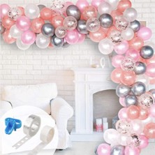 Meri Parti Rose Gold Pembe Beyaz Gümüş Krom Konfetili Renkte Zincir Balon Seti