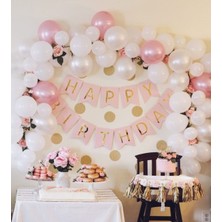Meri Parti Pembe Gold Happy Banner ve 100 Adet Metalik Balon ve Balon Zinciri Pembe Konsept Banner ve Balon