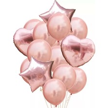 Meri Parti Rose Gold Balon Setti 2 Kalp 2 Yıldız 10 Rose Metalik