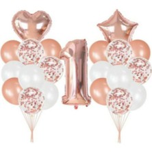 Meri Parti Rose Gold 1 Yaş Folyo Balon Seti 1 Adet 40 İnç Renkli Şeffaf Konfetili Balonlar