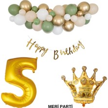 Meri Parti 50 Adet Balon Küf Beyaz Ten Gold Renk Happy Bırthday Banner Yaş Rakam Folyo Balon ve Kral Taç Set