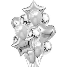Meri Parti  Konfetili Gümüş Balon Set Parti Seti Doğum Günü Seti