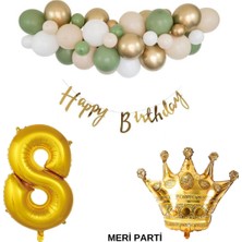 Meri Parti 50 Adet Balon Küf Beyaz Ten Gold Renk Happy Bırthday Banner Yaş Rakam Folyo Balon ve Kral Taç Set