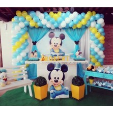 Meri Parti 100 Adet Mavi Beyaz Sarı Metalik Balon ve Balon Zinciri Mıckey Mouse Konsept Doğum Günü Parti