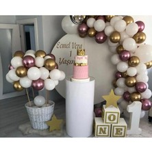Meri Parti Doğum Günü Krom Pembe Krom Gold Pastel Beyaz Balon ve Balon Zinciri Set