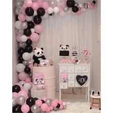Meri Parti Panda Konsept 100 Adet Pembe Gri Siyah Beyaz Metalik Balon ve Balon Zinciri Panda Doğum Günü Parti