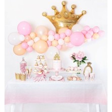 Meri Parti Pembe Somon Beyaz Metalik Balon Altın Renk Taç Folyo Balon ve Balon Zinciri