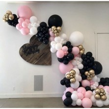 Meri Parti 100 Adet Balon ve Balon Zinciri Pembe Siyah Beyaz Gold Krom Balon Zinciri Yetişkin Doğum Günü Balon