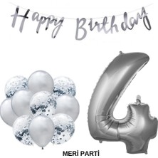 Meri Parti Happy Bırthday Doğum Günü Parti Set Gümüş Yaş Balon Şeffaf Gümüş Metalik Lateks Balon Set Parti Set