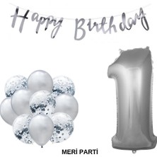 Meri Parti Happy Bırthday Doğum Günü Parti Set Gümüş Yaş Balon Şeffaf Gümüş Metalik Lateks Balon Set Parti Set