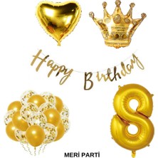 Meri Parti Gold Temalı Happy Bırthday Doğum Günü Set Yaş Balonu Kral Taç Balon Kalp Balon Lateks Balon Set
