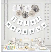 Meri Parti Beyaz Gümüş Yaldızlı Iyi Ki Doğdun Banner Beyaz Gümüş