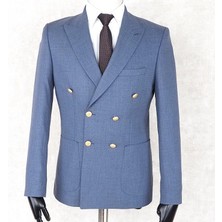 Jan Carlucci Yazlık Kruvaze -Yarım Astar- Metal Düğme Slimfit Drop 6 Ceket-Mavi