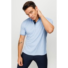 Desen Triko Erkek Polo Yaka Yakası ve Kolu Triko T-Shirt Mavi