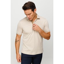 Desen Triko Erkek Polo Yaka Yakası ve Kolu Triko Cepli T-Shirt Bej