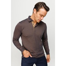 Desen Triko Erkek Polo Yaka Desenli Uzun Kollu Sweatshirt Kahve
