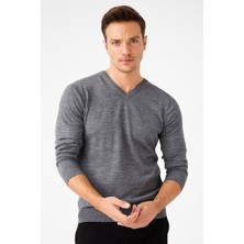 Desen Triko Erkek Basic V Yaka Ince Triko Kazak Füme