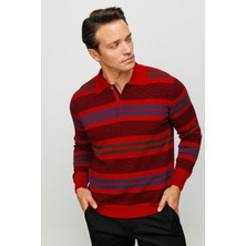 Desen Triko Erkek Polo Yaka Renkli Çizgili Kalın Yün Kazak