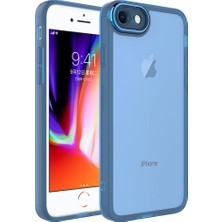 Case 4U Apple iPhone SE 2022 / SE 2020 / 8 / 7 Kılıf Kamera Korumalı Parlak Tasarımlı Renkli Darbe Emici Transparan Post Kapak Mavi