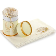 İhvan Özel Silindir Kutulu Set Inci Tesbihli Tül Şal Krem Renk