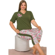 Quilling Yeşil Renk ve Çiçek Desenli Lady 10644 Battal Büyük Beden Kapri Pijama Takımı