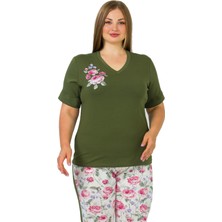 Quilling Yeşil Renk ve Çiçek Desenli Lady 10644 Battal Büyük Beden Kapri Pijama Takımı