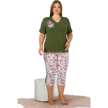 Quilling Yeşil Renk ve Çiçek Desenli Lady 10644 Battal Büyük Beden Kapri Pijama Takımı