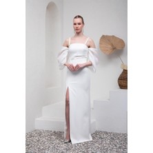 Livanomi Beyaz İnci İşlemeli Askılı Yırtmaçlı Abiye Elbise