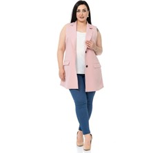 Disentis Modest Büyük Beden Düğmeli Kapaklı Cepli Astarlı Uzun Pudra Yelek