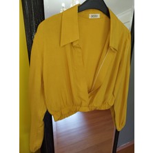 Deseo Boutique Kadın Hardal Renk Beli Lastikli Crop-Belde Model Uzun Kollu Gömlek