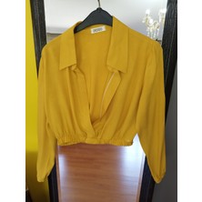 Deseo Boutique Kadın Hardal Renk Beli Lastikli Crop-Belde Model Uzun Kollu Gömlek
