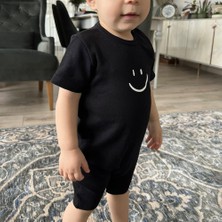 Miniropa Kısa Kollu Siyah Bebek Tulumu Smile Baskılı Yazlık Bebek Barbatöz Kısa Tulum
