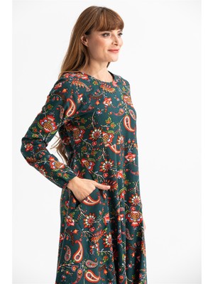 Eliş Şile Bezi Uzun Kol Velvetin Ayşegül Desenli Uzun Elbise Yeşil Ysl