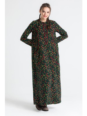 Eliş Şile Bezi Uzun Kol Sudenaz Pazen Uzun Elbise Çiçek Desen Yeşil Ysl